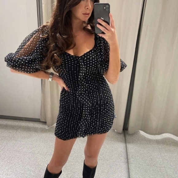 Zara polka dot mesh shirred mini dress puff sleeves black white xs - Picture 3 of 16